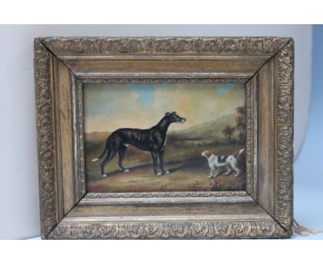 ENGLISH SCHOOL (XX). Study of a hound and a terrier, oil on panel, gilt framed, 10.5 x 15 cm