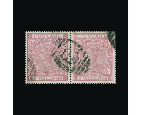 Great Britain - QV (surface printed) : (SG 130) 1867-83 wmk Anchor blued paper 5s rose, horizontal pair EC-ED, neat light ova