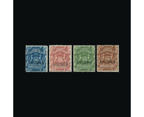 Bradbury Wilkinson Collection : RHODESIA: 1892 Arms 1d to £10 set of IMPERF PLATE PROOFS on thick gummed paper, each with god