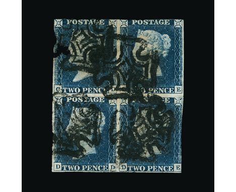 Great Britain - QV (line engraved) : (SG 5) 1841 2d blue, plate 1, block of 4, CD-DE, small margins all around except just sh