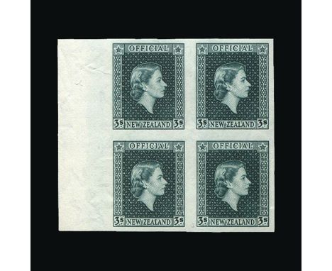 Bradbury Wilkinson Collection : NEW ZEALAND: 1954-63 OFFICIAL imperf matching left sheet marginal plate proof BLOCKS OF FOUR 