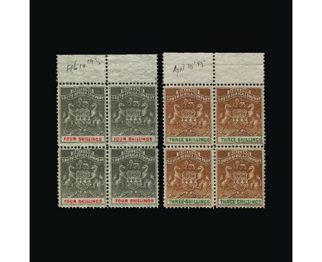 Bradbury Wilkinson Collection : (SG 18/26) RHODESIA: 1892-94 archive collection of upper marginal blocks of four without gum 