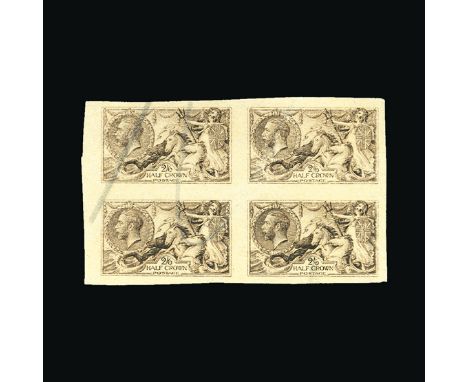Bradbury Wilkinson Collection : GREAT BRITAIN: 1918 Seahorse 2s.6d. Rough proof, imperf block of four, from the post 1927 pla
