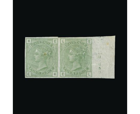 Great Britain - QV (surface printed) : (SG 153) 1873-80 4d sage-green, IMPERF IMPPRIMATUR HORIZONTAL PAIR, EK-EL, sheet margi