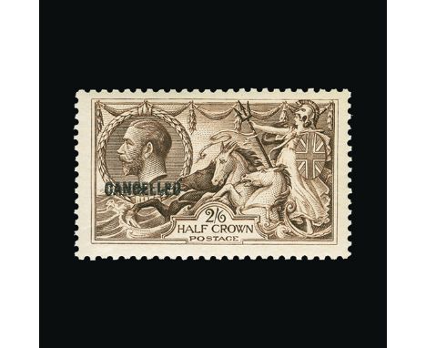 Bradbury Wilkinson Collection : GREAT BRITAIN: 1918-19 Seahorses 2s.6d with 'CANCELLED' type 33 overprint, superb unmounted m