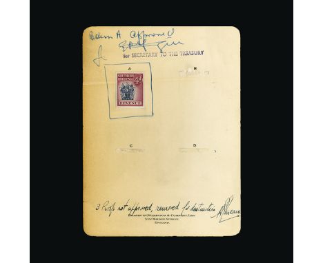 Bradbury Wilkinson Collection : SOUTHERN RHODESIA: Revenue 1953 4d imperforate proof on B.W. card, endorsed 'pattern A approv