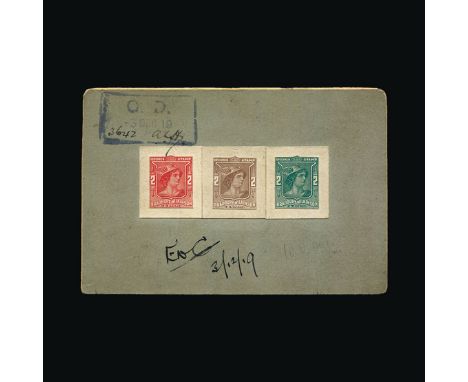 Bradbury Wilkinson Collection : DUMMY STAMPS: 1919 MERCURY HEAD '2' die proof in black, colour trials in mauve and in blue (p
