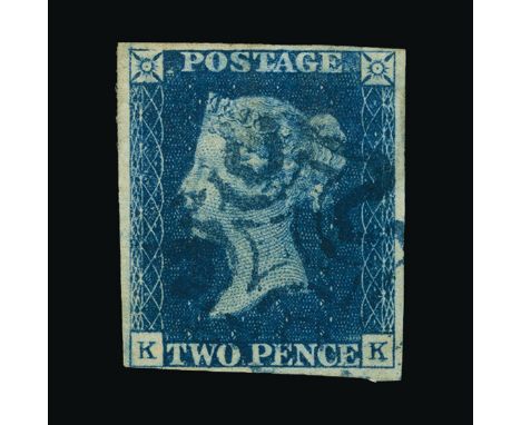 Great Britain - QV (line engraved) : (SG 5) 1840 2d blue, plate 2, KK, 4 margins (very close at bottom left), neat crisp BLUE