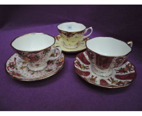 Three Royal Albert Old Country Roses Ruby celebration cups and saucers