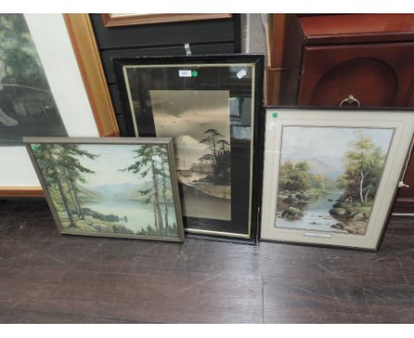 A selection of prints including Chinese seal stamped landscape