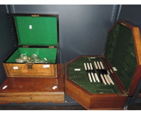 Two canteens containing part sets of silver plated cutlery and a treen box containing loose plated flatware