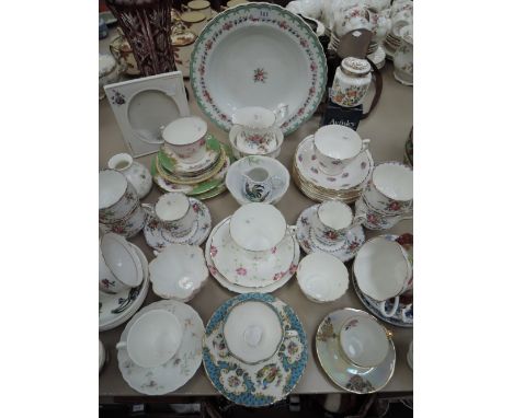 A selection of ceramics including Royal Albert Petit Point cups and saucers, Wedgwood, Crown Royal and Queens