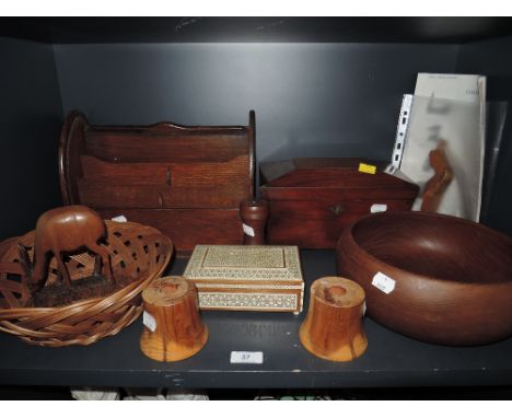 A good selection of wooden items including compartmented tea caddy and letter rack