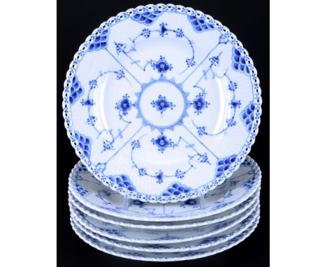 Royal Copenhagen Musselmalet Vollspitze 6 Speiseteller 1085,Porzellan, Dänemark, mit grüner Firmenmarke und blauen Wellen, De