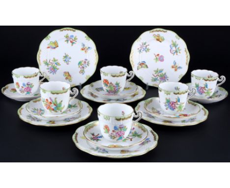 Herend Queen Victoria 6 Kaffeegedecke,18-teiliges Porzellan, Ungarn 20. Jahrhundert, blaue Firmenmarke, Dekor VBO Queen Victo