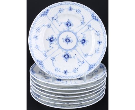 Royal Copenhagen Musselmalet 8 Kuchenteller,Porzellan, Dänemark, mit grüner Firmenmarke und blauen Wellen, Dekor Musselmalet 