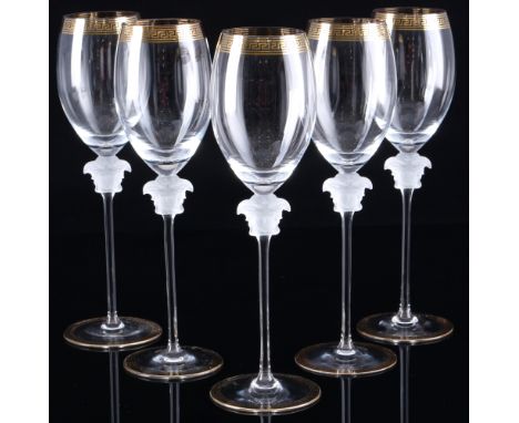 Rosenthal Versace Medusa D'Or 5 Weißweingläser,Kristall, mit Ätz-Firmenmarke, Dekor Versace Medusa D'Or, 5x H 26,5 cm x D 6,5