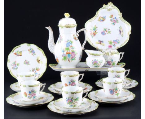 Herend Queen Victoria Kaffeeservice für 6 Personen,23-teiliges Porzellan, Ungarn 20. Jahrhundert, blaue Firmenmarke, Dekor VB