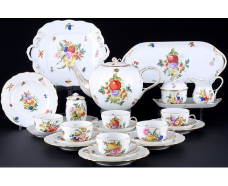 Herend Bouquet des Fruits Teeservice für 6 Personen,25-teiliges Porzellan, Ungarn 20. Jahrhundert, blaue Firmenmarke, Dekor B