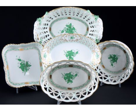 Herend Apponyi Vert 5 Durchbruchschalen,Porzellan, Ungarn 20. Jahrhundert, blaue Firmenmarke, Dekor AV Apponyi Vert, 1x Obstk