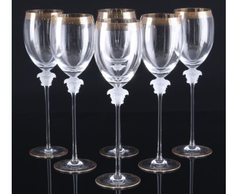 Rosenthal Versace Medusa D'Or 6 Rotweingläser,Kristall, mit Ätz-Firmenmarke, Dekor Versace Medusa D'Or, 6x H 29,5 cm x D 7,5 