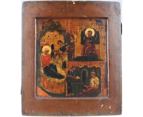 Russland Ikone mit Geburt Mariens 19. Jahrhundert,Russland, Eitempera auf Kreidegrund, auf Holztafel gemalt, links die Geburt