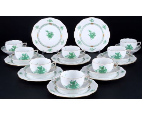 Herend Apponyi Vert 8 Teegedecke,24-teiliges Porzellan, Ungarn 20. Jahrhundert, blaue Firmenmarke, Dekor AV Apponyi Vert, 8x 