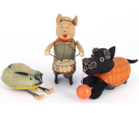 Schuco Schwein mit Trommel / Laufhund Scotch-Terrier Tippy 990 / Frosch Flipo 730 ,Blech / Filz, Schuco Schweinchen und Laufh