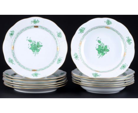 Herend Apponyi Vert 6 Speiseteller und 6 Suppenteller,Porzellan, Ungarn 20. Jahrhundert, blaue Firmenmarke, Dekor AV Apponyi 