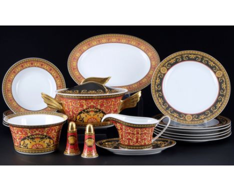 Rosenthal Versace Medusa Speiseservice für 6 Personen,19-teiliges Porzellan, schwarz/goldene Firmenmarke, Dekor Medusa, Form 