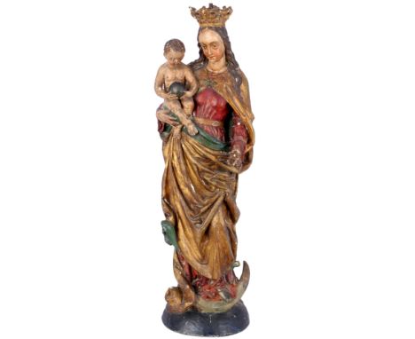 Heiligenfigur 17./18. Jahrhundert , Barock Mondsichelmadonna,Holz geschnitzt, polychrom gefasst und vergoldet, Altfassung vor