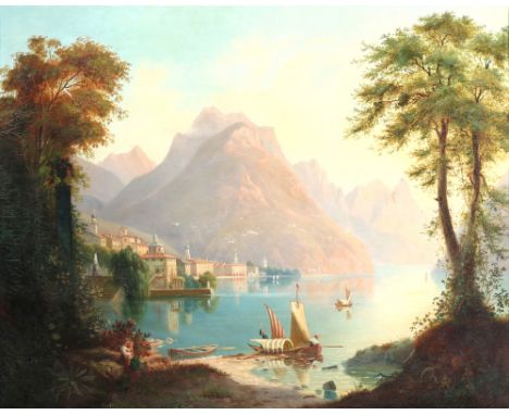 Franz Wilhelm LEUTERITZ (1817-1902) Lugano am Luganersee 1877,Öl/Leinwand, Großformat, u. rechts signiert und datiert F.Leute