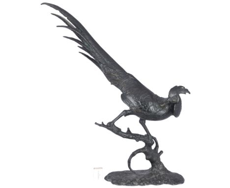 Anton BÜSCHELBERGER (1869-1934) Bronze großer Fasan auf Ast, H 75 cm,Bronze dunkel patiniert, an der Plinthe signiert A. Büsc