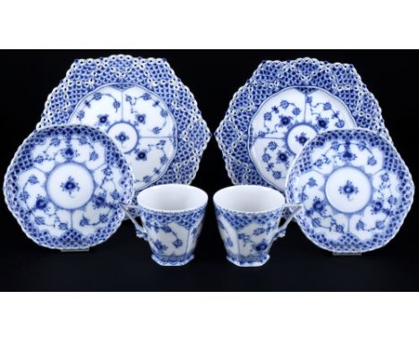 Royal Copenhagen Musselmalet Vollspitze 2 Kaffeegedecke 1036/1094,6 -teiliges Porzellan, Dänemark, mit grüner Firmenmarke und