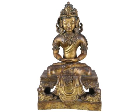 Bronze Buddha des Amitayus auf Thron, China Qianlong um 1770,Bronze vergoldete, China Qianlong um 1770, Buddhafigur von Amita