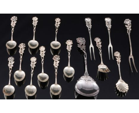 800 Silber Hildesheimer Rose 15-teiliges Besteck Konvolut,15-teiliges Besteckkonvolut, Silber 800/000, gestempelt 800 + Halbm