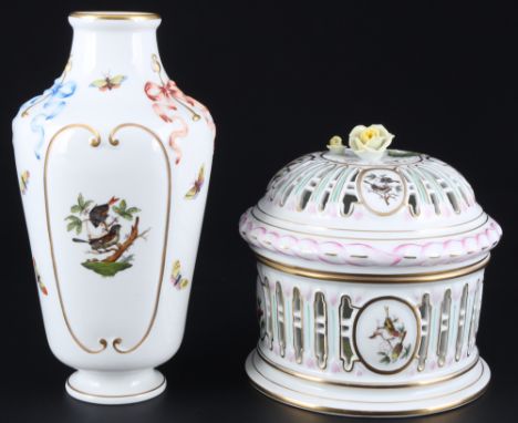 Herend Rothschild Bonboniere mit Ziervase,Porzellan, Ungarn 20. Jahrhundert, blaue Firmenmarke, Dekor RO Rothschild, 1x Bonbo