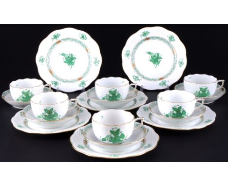 Herend Apponyi Vert 6 Teegedecke,18-teiliges Porzellan, Ungarn 20. Jahrhundert, blaue Firmenmarke, Dekor AV Apponyi Vert, 6x 