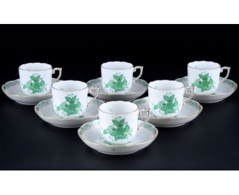 Herend Apponyi Vert 6 Kaffee Demitassen,Porzellan, Ungarn 20. Jahrhundert, blaue Firmenmarke, Dekor AV Apponyi Vert, Modell-N