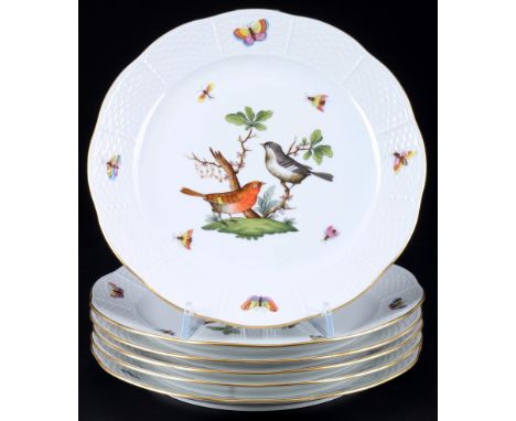Herend Rothschild 6 Speiseteller,Porzellan, Ungarn 20. Jahrhundert, blaue Firmenmarke, Dekor RO Rothschild, Modell-Nr. 524, 6