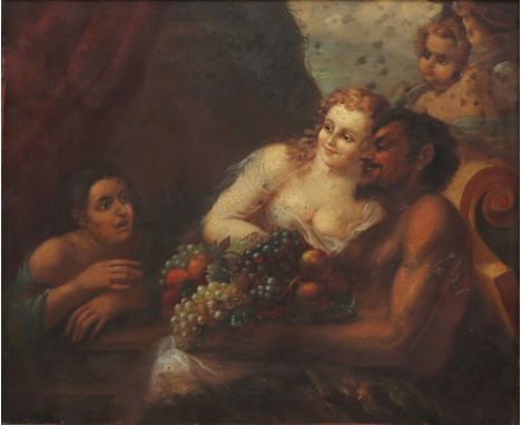 R. GASTRON Satyr mit Nymphe,Öl/Holzplatte, u. links signiert R. Gastron, H 29 cm x B 35 cm, Holzrahmen 45 x 50,5 cm, Abrieb a