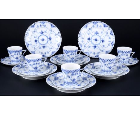 Royal Copenhagen Musselmalet Vollspitze 6 Kaffeegedecke 1036/1086,18-teiliges Porzellan, Dänemark, mit grüner Firmenmarke und