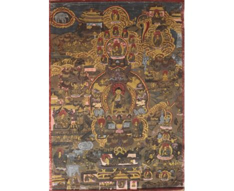 Thangka Lebensgeschichte, Tibet 19. Jahrhundert,Buddhistischer Thangka, Tibet 19. Jahrhundert, großer Thangka mit Lebensgesch