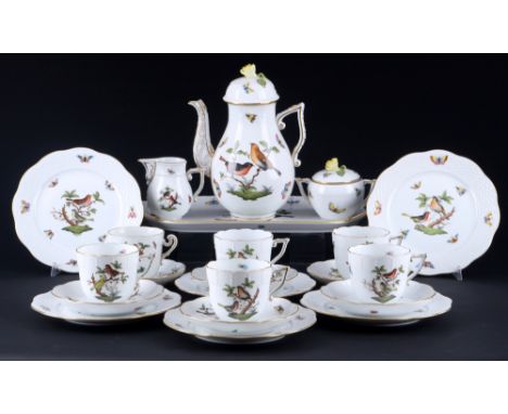 Herend Rothschild Kaffeeservice für 6 Personen,22-teiliges Porzellan, Ungarn 20. Jahrhundert, blaue Firmenmarke, Dekor Rothsc