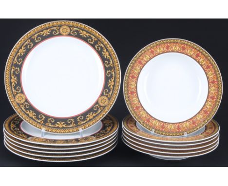 Rosenthal Versace Medusa 6 Speiseteller und 6 Suppenteller,Porzellan, schwarz-goldene Firmenmarke, Dekor Versace Medusa, 6x S