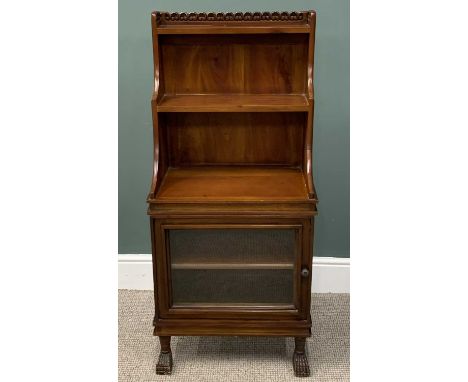 REPRODUCTION MAHOGANY BOOKCASE CABINET, carved three quarter top rail, three open shelves, shaped sides, bevelled edged glass