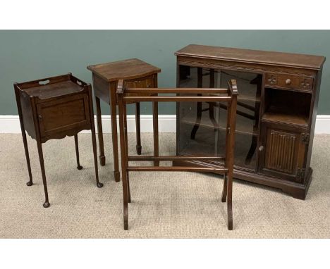 FOUR ITEMS OF ANTIQUE & LATER FURNITURE comprising Priory style oak bookcase, single upper drawer, open shelf, lower cupboard