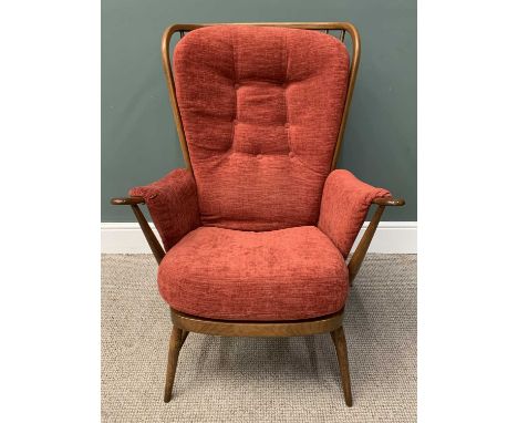 ERCOL STICKBACK ARMCHAIR, button upholstered back, original label attached, 103cms (h), 76cms (w), 44cms (d)Provenance: priva