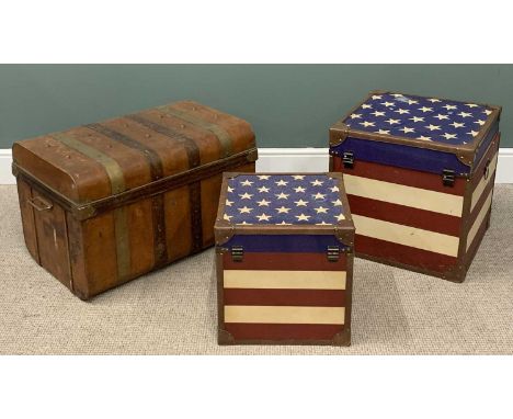 VINTAGE & LATER LUGGAGE TRUNKS/STORAGE BOXES (3), comprising Victorian brass banded tin lidded trunk, side carry handles, blu