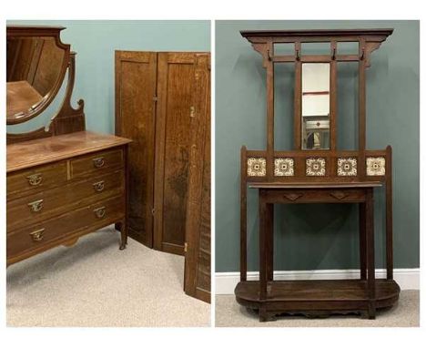 TWO ITEMS OF BEDROOM FURNITURE circa 1900, comprising four-fold oak dressing screen, pollard oak veneers to the inset panels,